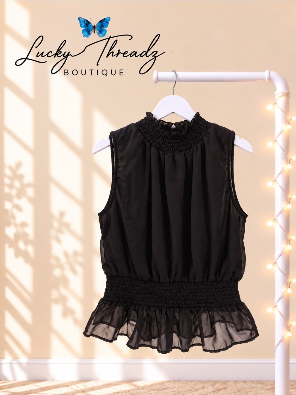 Fun & Flirt Black Sheer Chiffon Mock Neck Peplum Top – Medium
